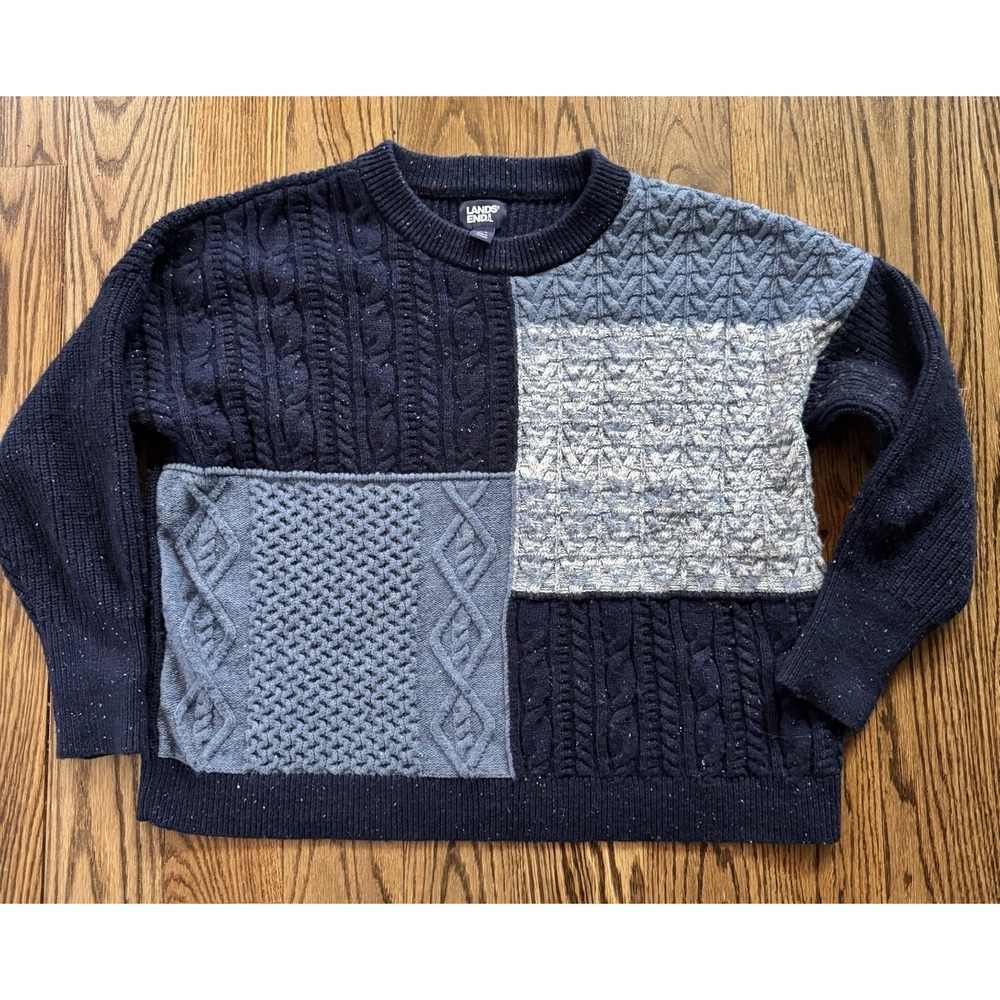 LANDS' END Women's Medium 10-12 Cable Knit Sweater Fisherman 3D Patchwork Blue
